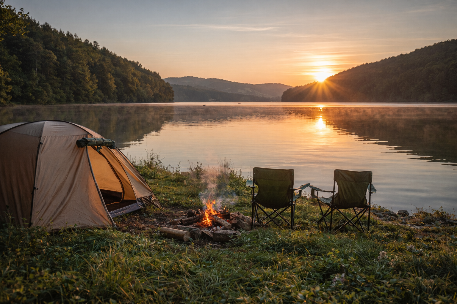 biwak nad jeziorem w Polsce z namiotem i ogniskiem o wschodzie słońca