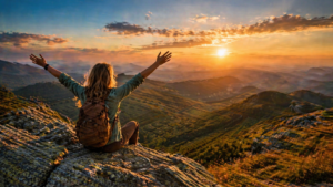 Turystka siedząca na szczycie góry podziwiająca panoramiczny widok o zachodzie słońca symbol darmowych atrakcji w Polsce