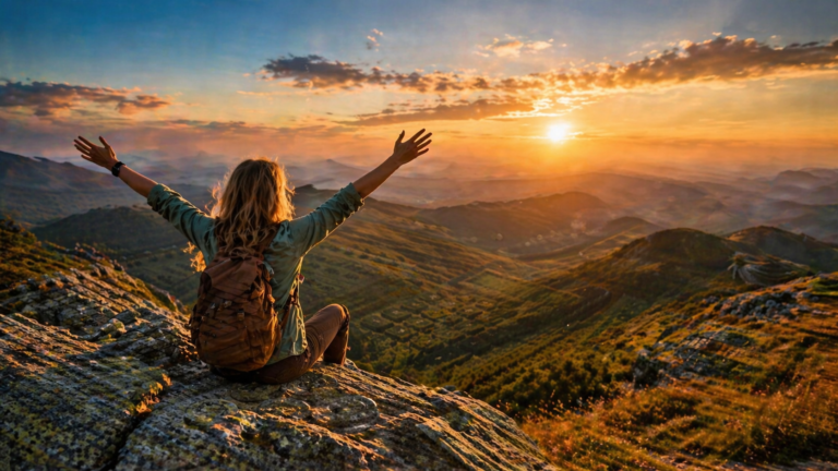 Turystka siedząca na szczycie góry podziwiająca panoramiczny widok o zachodzie słońca symbol darmowych atrakcji w Polsce
