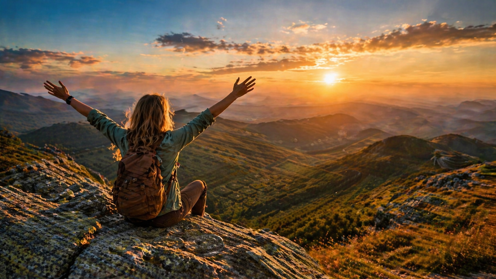 Turystka siedząca na szczycie góry podziwiająca panoramiczny widok o zachodzie słońca symbol darmowych atrakcji w Polsce