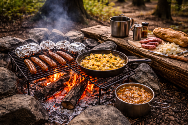 gotowanie na ognisku w lesie z rusztem patelnią i jedzeniem nad żarem
