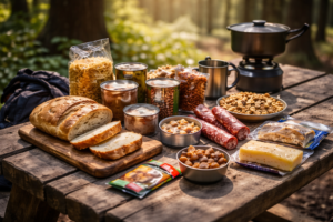 jedzenie na biwak bez lodówki rozłożone na stole w lesie z konserwami i pieczywem