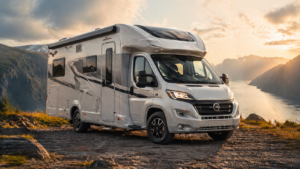 Nowoczesny kamper zaparkowany na klifie nad fiordem o zachodzie słońca, widok na góry i wodę