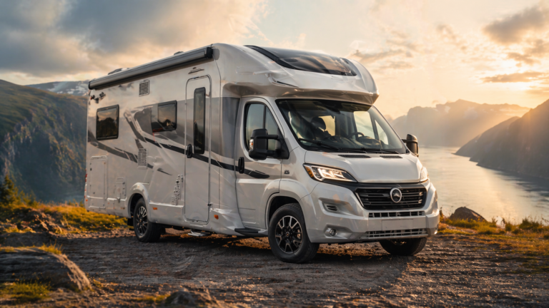 Nowoczesny kamper zaparkowany na klifie nad fiordem o zachodzie słońca, widok na góry i wodę