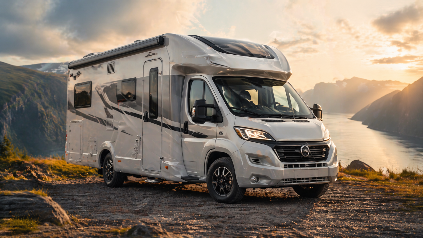 Nowoczesny kamper zaparkowany na klifie nad fiordem o zachodzie słońca, widok na góry i wodę