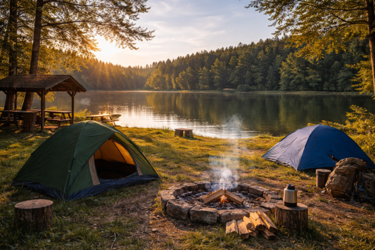 kemping nad jeziorem w Polsce z namiotami i ogniskiem o zachodzie słońca