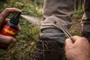 kleszcz na spodniach podczas biwaku w lesie i użycie repelentu na nogi