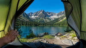 Widok z namiotu na spokojne jezioro i las — majówka bez tłumów