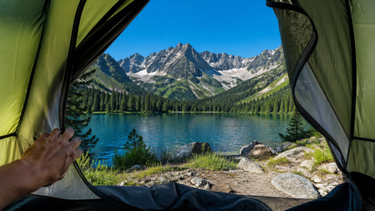 Widok z namiotu na spokojne jezioro i las — majówka bez tłumów