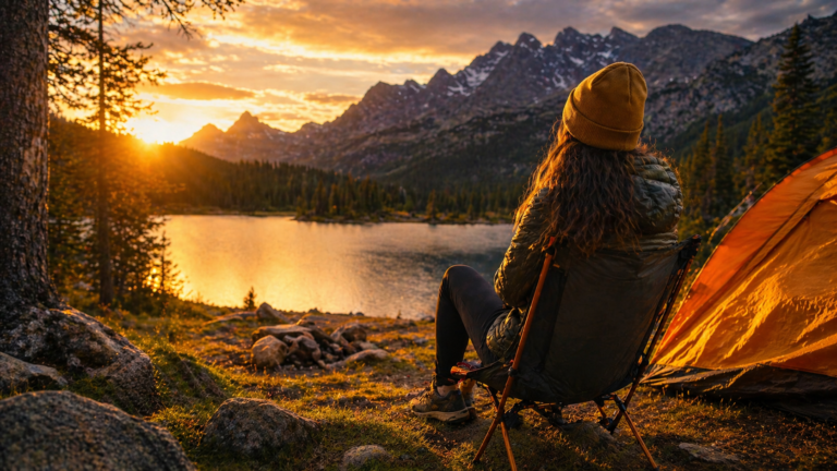 Osoba siedząca przy namiocie nad jeziorem w górach o zachodzie słońca podczas majówki w naturze