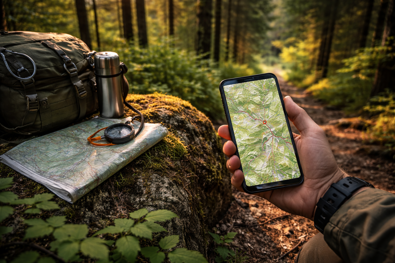 smartfon z mapą offline w lesie nawigacja w terenie bez internetu