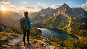 Turystka z plecakiem stoi na górskim szlaku i patrzy na jezioro oraz wysokie szczyty o zachodzie słońca