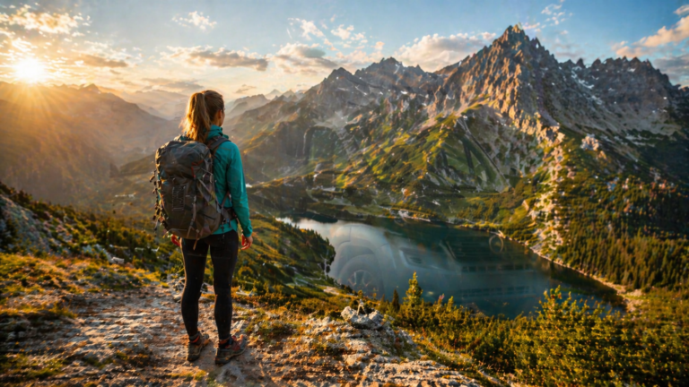 Turystka z plecakiem stoi na górskim szlaku i patrzy na jezioro oraz wysokie szczyty o zachodzie słońca