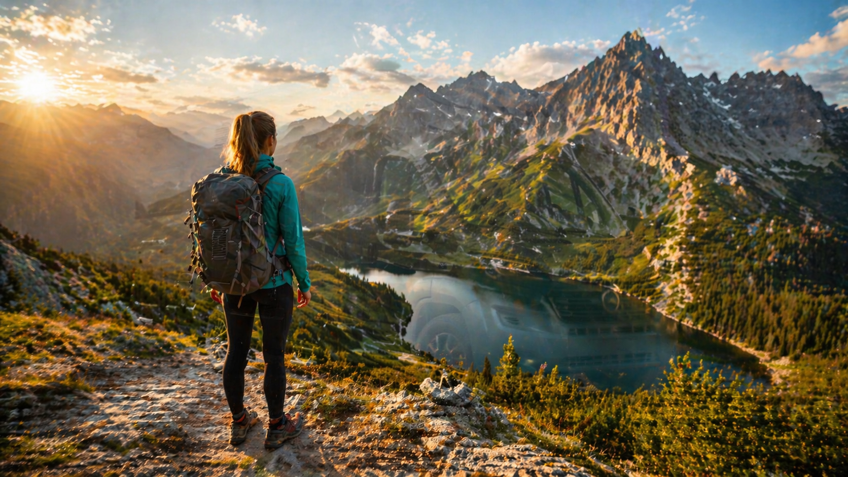Turystka z plecakiem stoi na górskim szlaku i patrzy na jezioro oraz wysokie szczyty o zachodzie słońca