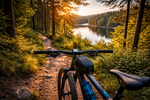 rowerzysta na leśnej ścieżce rowerowej wśród drzew aktywny wypoczynek