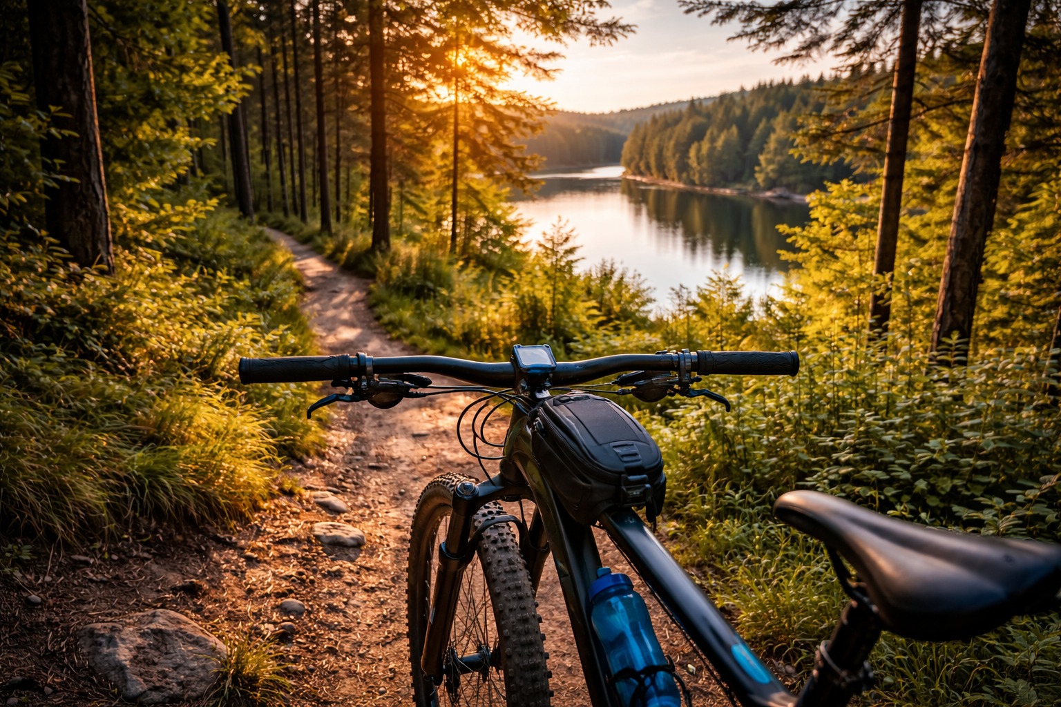 rowerzysta na leśnej ścieżce rowerowej wśród drzew aktywny wypoczynek