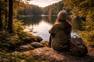 osoba siedząca nad jeziorem w lesie relaks natura spokój regeneracja