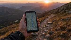 smartfon z mapą nawigacji offline trzymany w dłoni turysty na górskim szlaku o zachodzie słońca