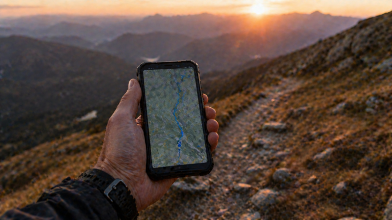 smartfon z mapą nawigacji offline trzymany w dłoni turysty na górskim szlaku o zachodzie słońca