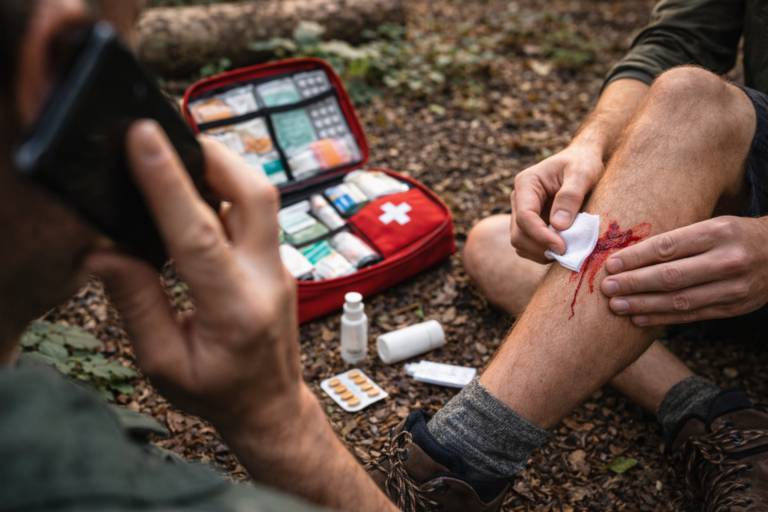 udzielanie pierwszej pomocy w lesie na biwaku z opatrunkiem i apteczką
