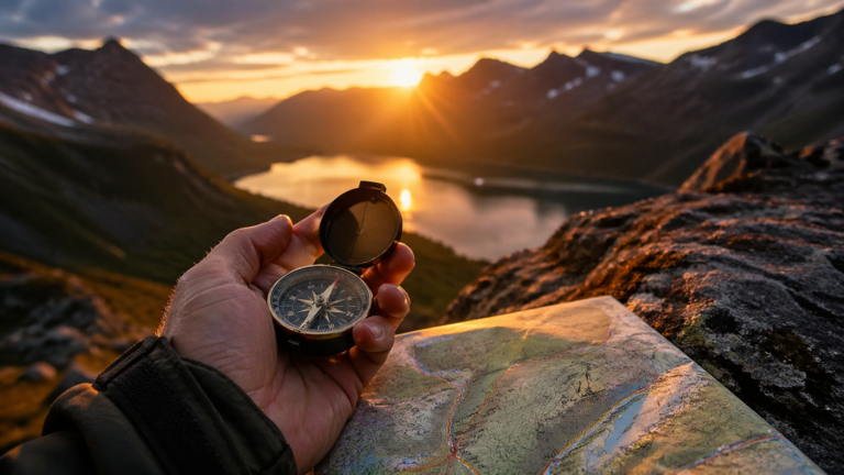 Ręka trzymająca kompas nad mapą w górach podczas zachodu słońca – planowanie trasy w terenie