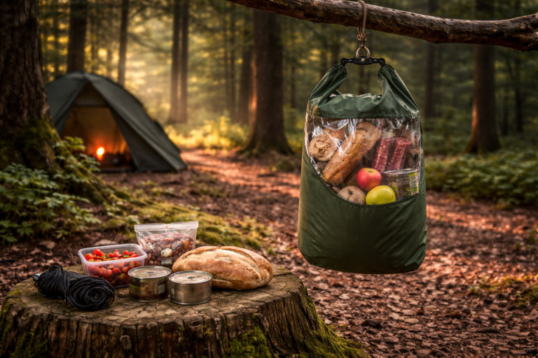 jedzenie zawieszone w worku na drzewie w lesie obok namiotu na biwaku