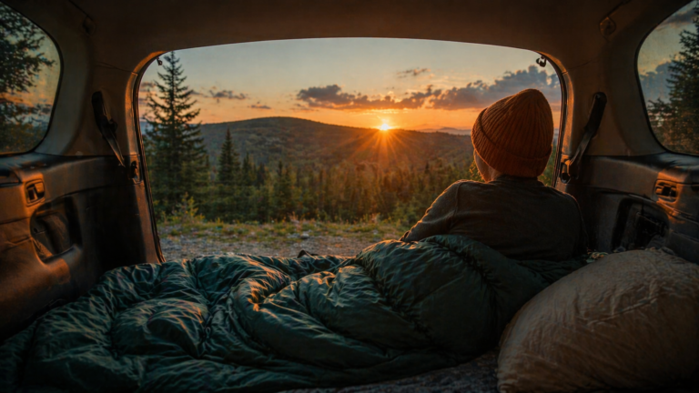 osoba śpiąca w samochodzie z widokiem na zachód słońca w górach, podróż vanlife i nocleg w aucie