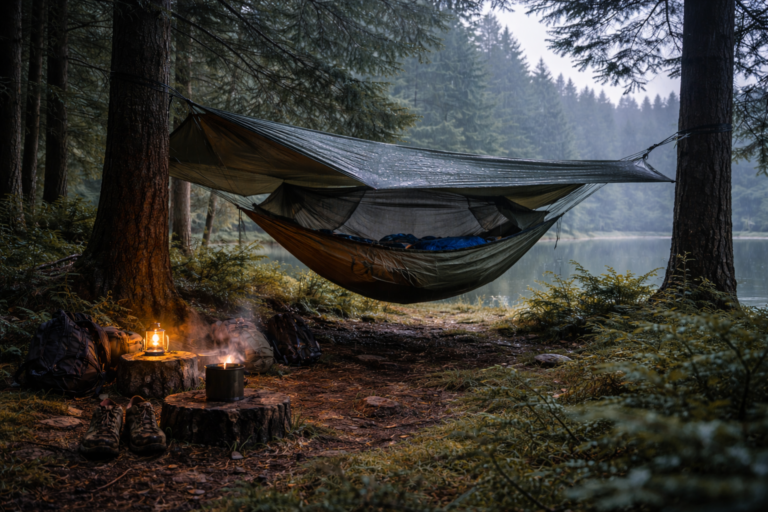 hamak rozwieszony między drzewami w lesie nad jeziorem o poranku z mgłą