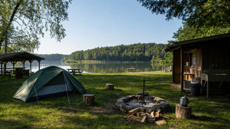 tanie pole namiotowe w lesie z namiotem i ogniskiem przy jeziorze