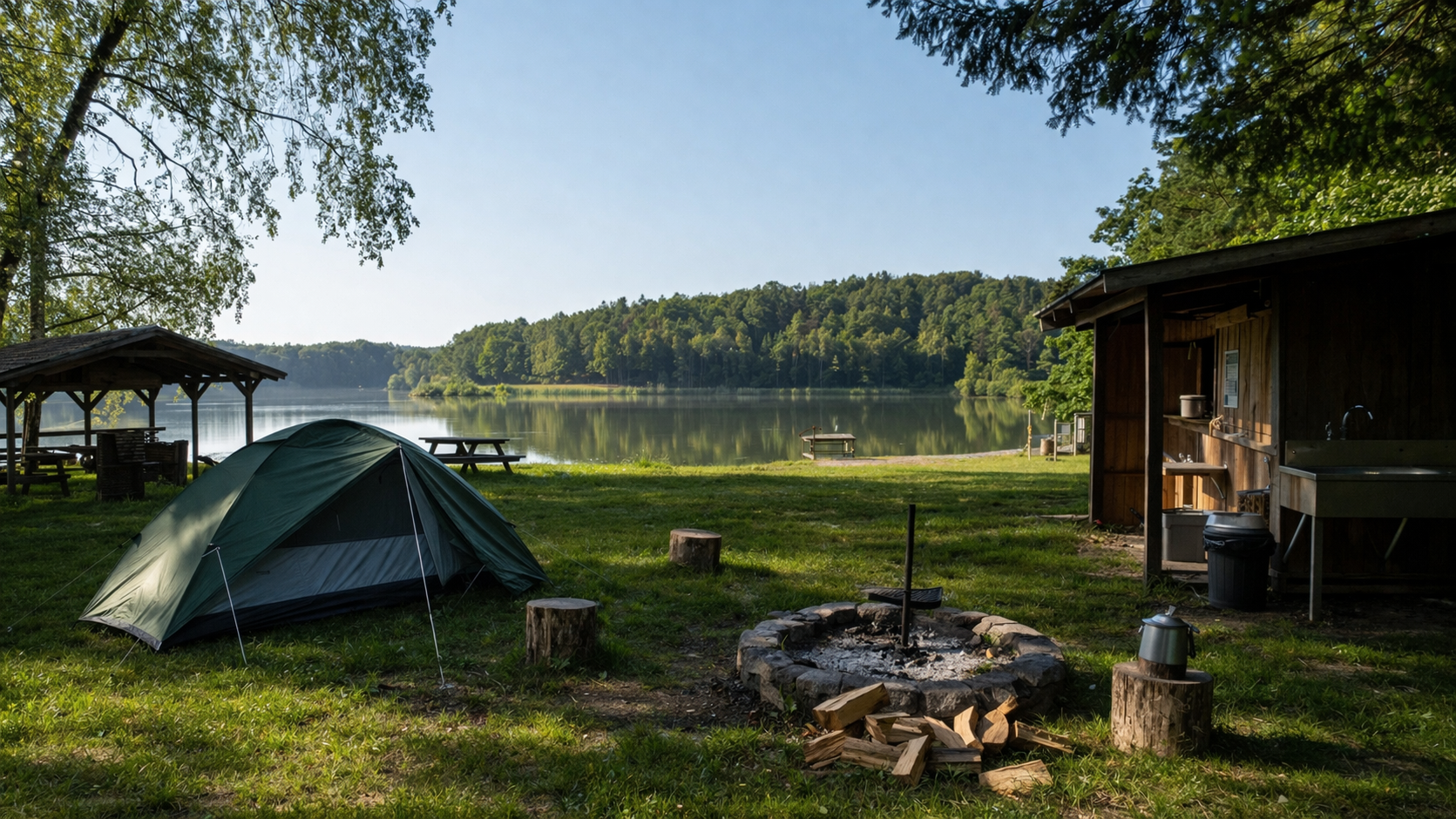 tanie pole namiotowe w lesie z namiotem i ogniskiem przy jeziorze