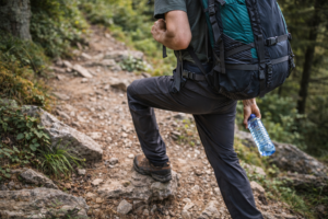 osoba z plecakiem podczas podejścia w lesie przygotowująca kondycję do trekkingu