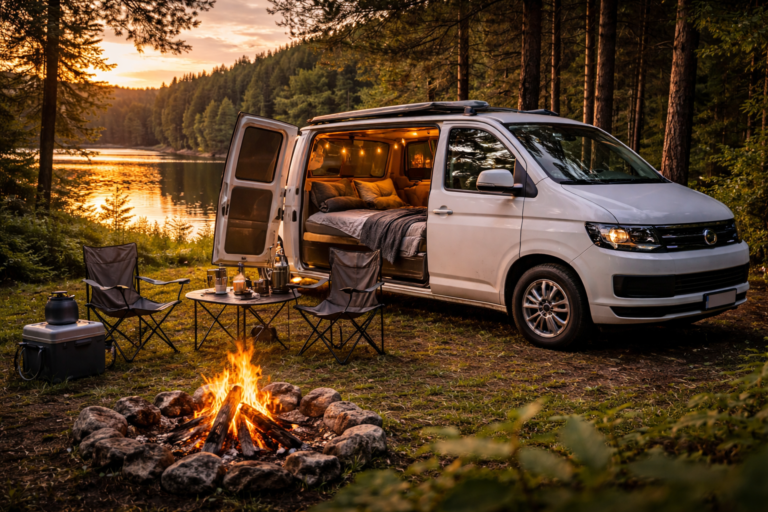van zaparkowany nad jeziorem biwak ognisko vanlife w Polsce natura