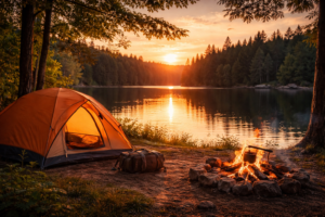 biwak nad jeziorem o zachodzie słońca namiot ognisko natura weekend