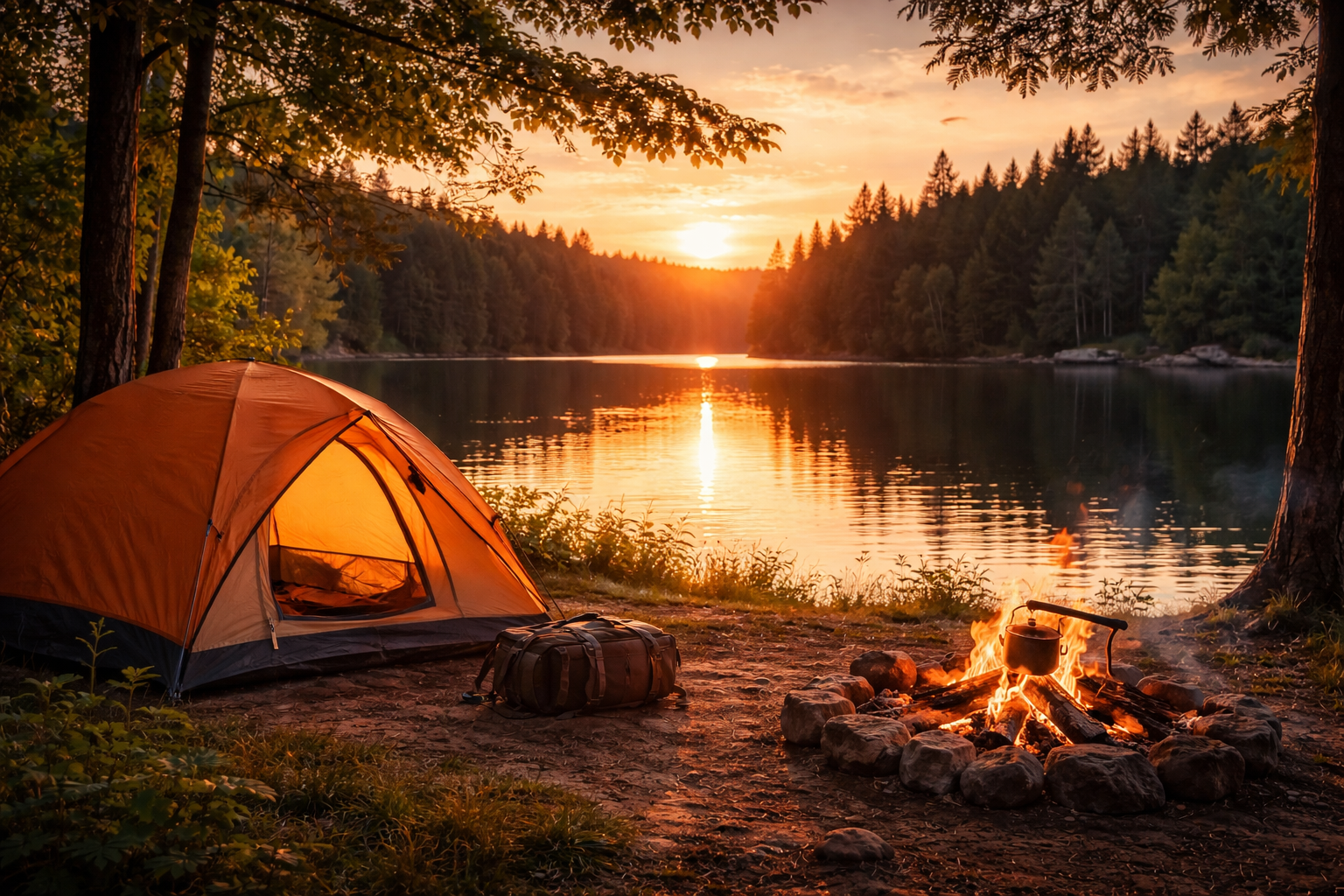 biwak nad jeziorem o zachodzie słońca namiot ognisko natura weekend