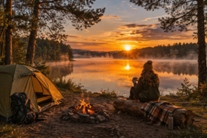 wschód słońca nad jeziorem w Polsce z namiotem i spokojną taflą wody