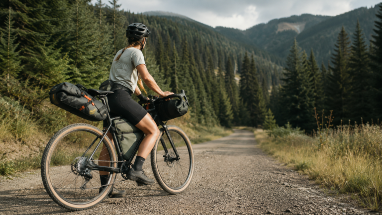 Rowerzysta z torbami bikepackingowymi na leśnej trasie podczas pierwszej wyprawy