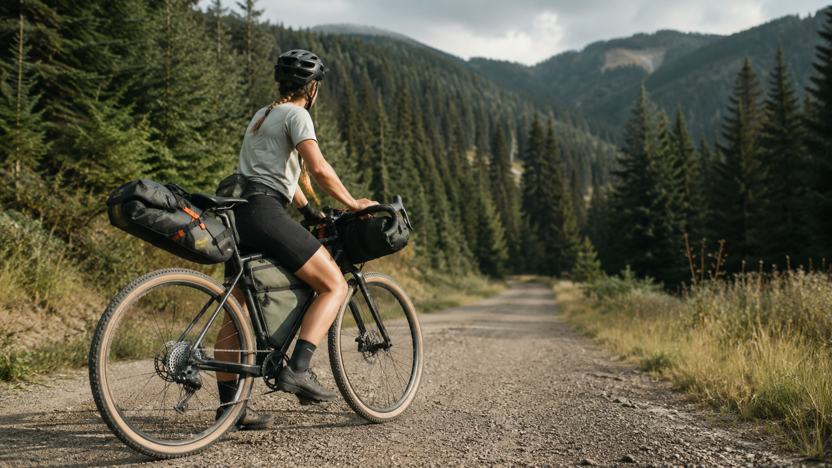 Rowerzysta z torbami bikepackingowymi na leśnej trasie podczas pierwszej wyprawy
