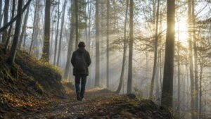 Osoba spacerująca leśną ścieżką pokazująca, jak natura wpływa na stres i pomaga się wyciszyć