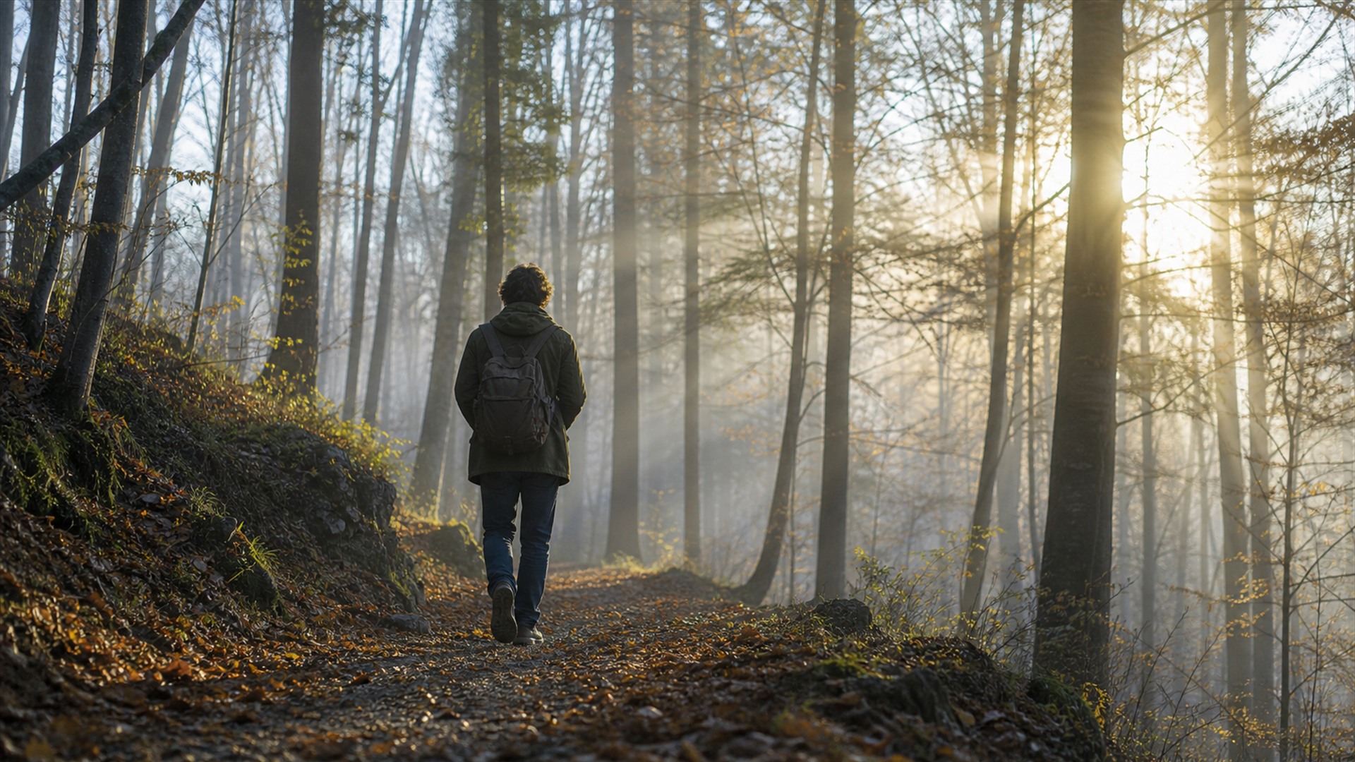 Osoba spacerująca leśną ścieżką pokazująca, jak natura wpływa na stres i pomaga się wyciszyć