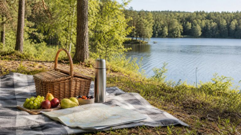 Koc piknikowy z koszem i mapą rozłożony nad jeziorem przy lesie w słoneczny dzień.
