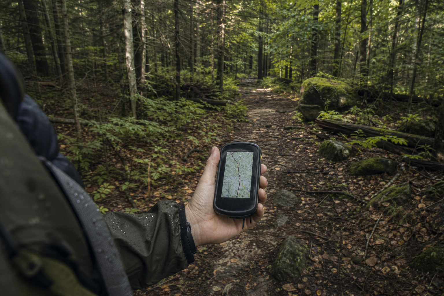 Turysta trzyma nawigację GPS na leśnej ścieżce podczas wyprawy
