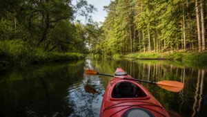 Kajak płynący spokojną rzeką wśród zielonego lasu podczas spływu kajakowego w Polsce