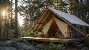 Camping premium w lesie z eleganckim namiotem glampingowym i drewnianym tarasem w naturalnym świetle.