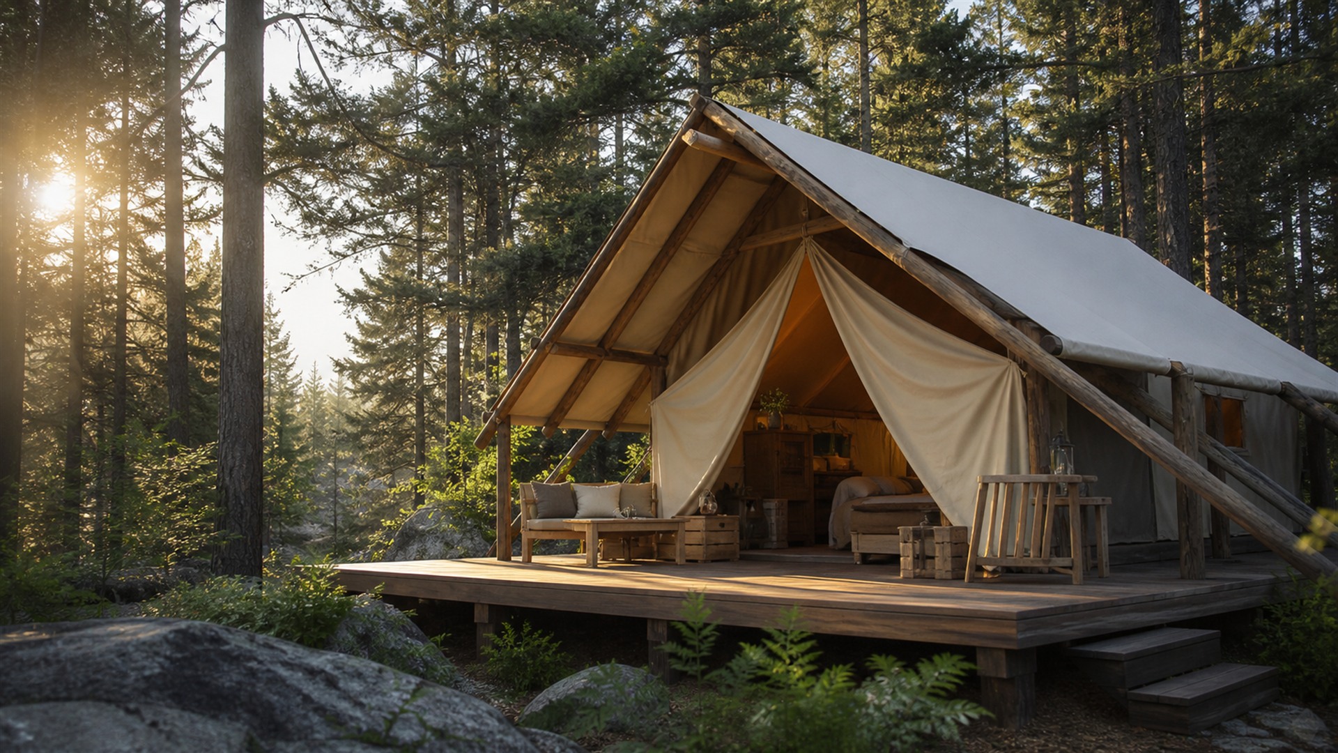 Camping premium w lesie z eleganckim namiotem glampingowym i drewnianym tarasem w naturalnym świetle.