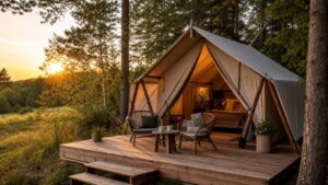 Glamping w Polsce z eleganckim namiotem na skraju lasu i drewnianym tarasem
