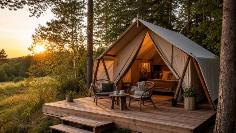 Glamping w Polsce z eleganckim namiotem na skraju lasu i drewnianym tarasem