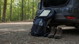 Plecak, mapa i buty trekkingowe przygotowane na jednodniową wyprawę bez planu