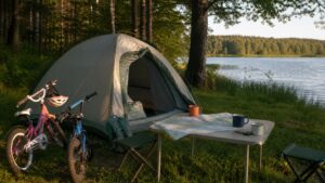 Rodzinny kemping z namiotem, rowerkami dziecięcymi i widokiem na jezioro w Polsce