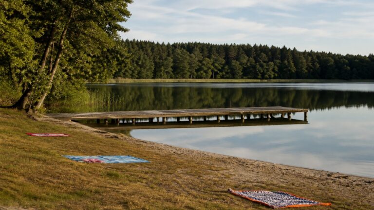 Spokojna plaża nad jeziorem z drewnianym pomostem i lasem w tle, bez tłumów turystów.