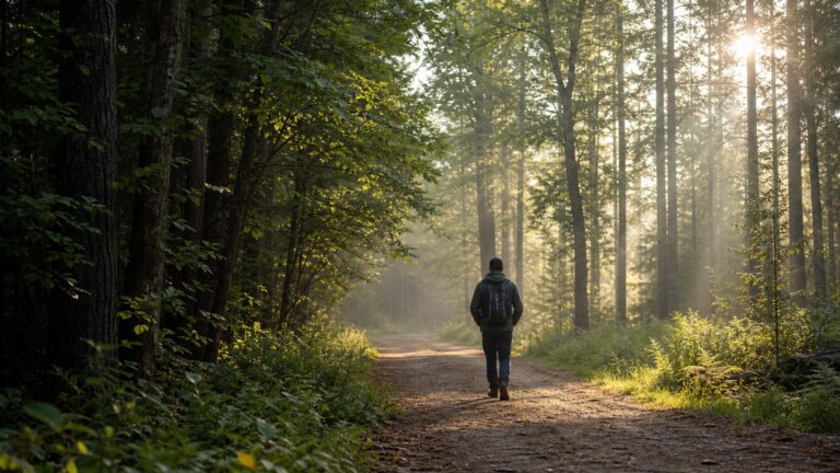 Poranny spacer w naturze leśną ścieżką wspierający zdrowie i dobre samopoczucie